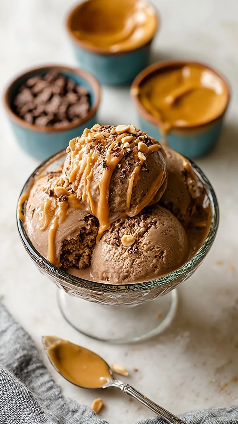 Creamy chocolate peanut butter protein ice cream in a Ninja Creami pint with a swirl of peanut butter.