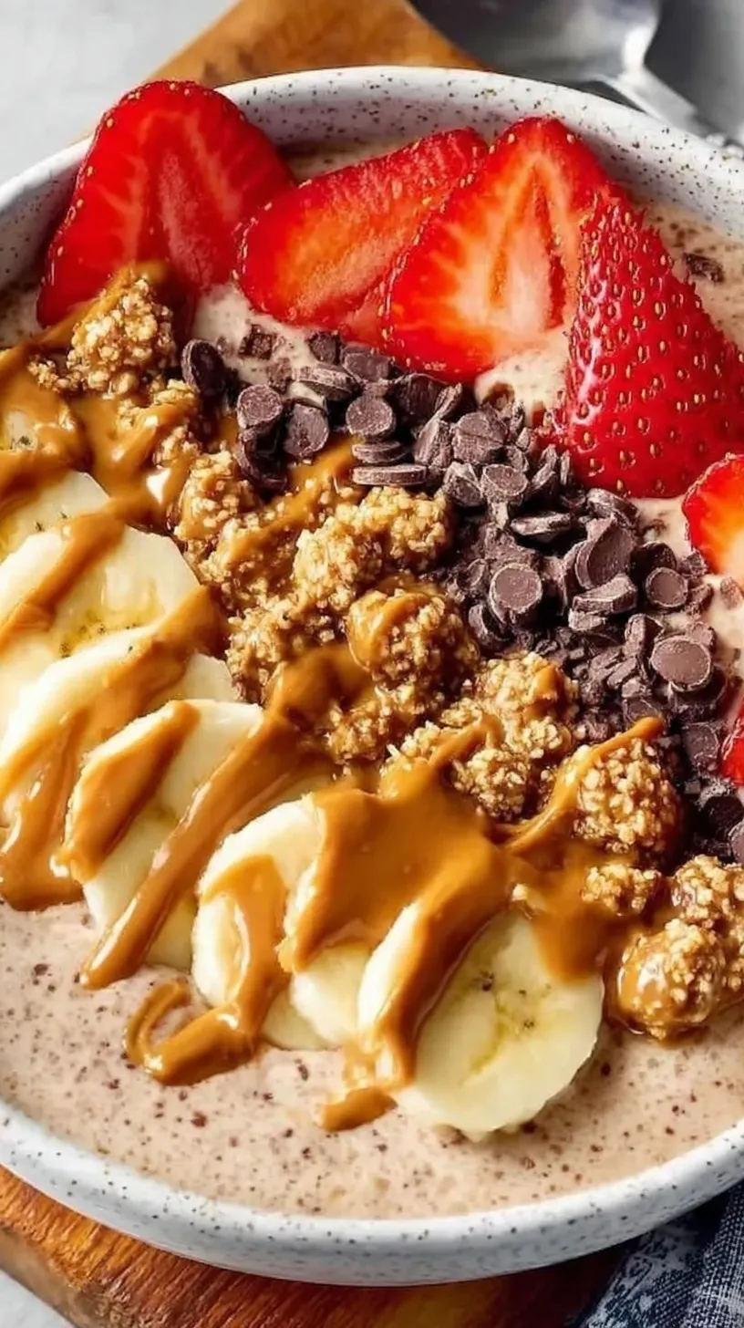 A creamy chocolate protein yogurt bowl topped with melted peanut butter, fresh blueberries, and cacao nibs.