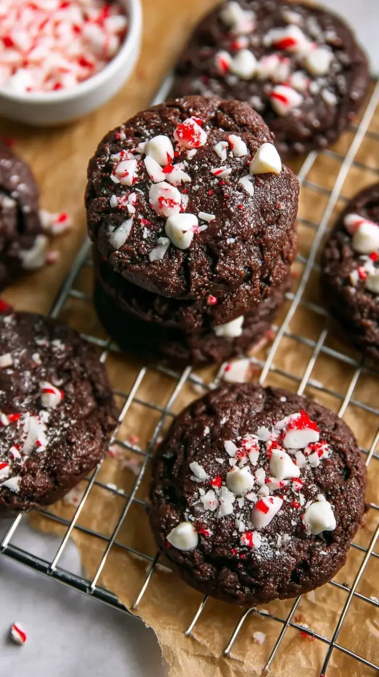 A plate of dark chocolate cookies topped with crushed red and white peppermint candy canes