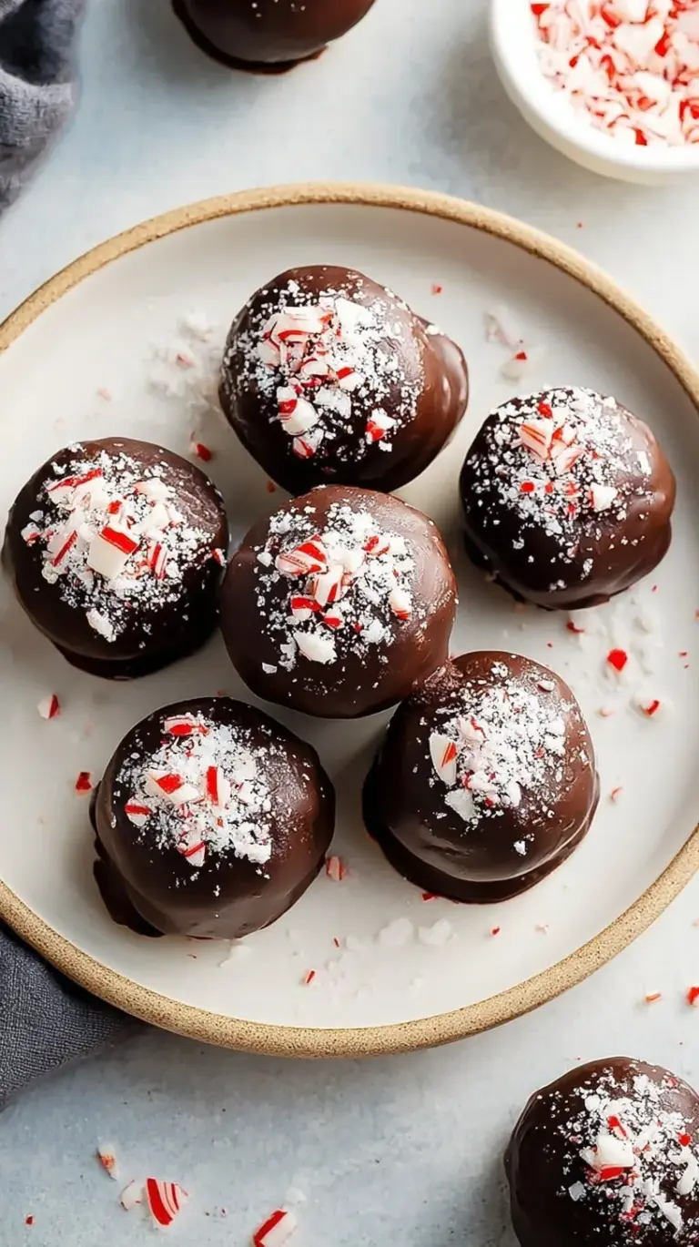 A plate of chocolate peppermint protein balls with mini chocolate chips and a mint leaf.