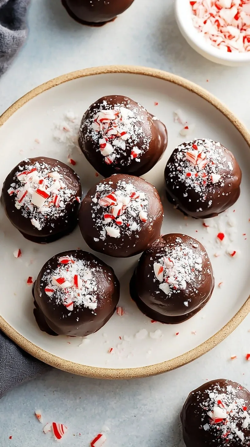 A plate of chocolate peppermint protein balls with mini chocolate chips and a mint leaf.