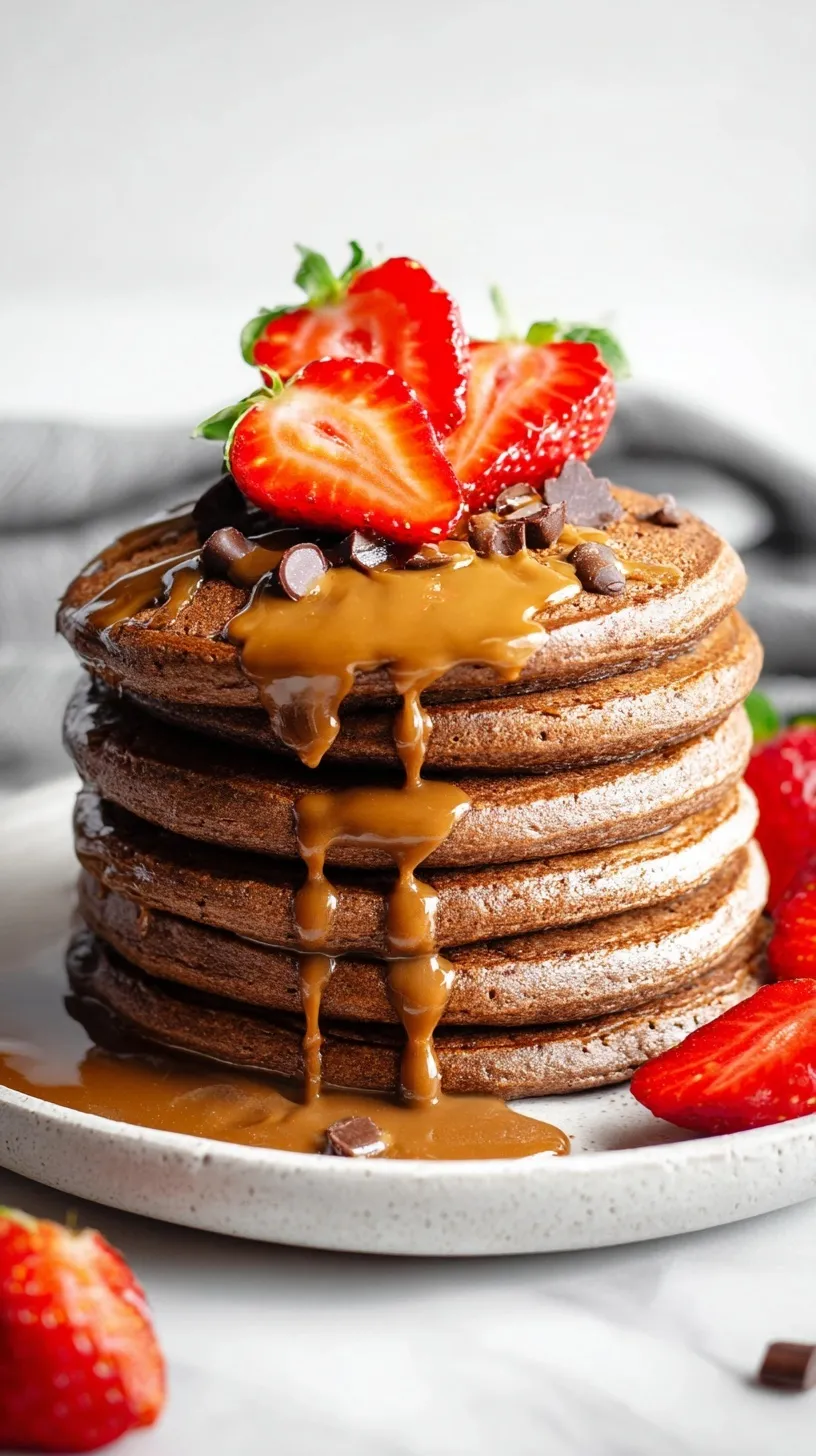 A stack of chocolate protein pancakes topped with fresh berries and a drizzle of syrup