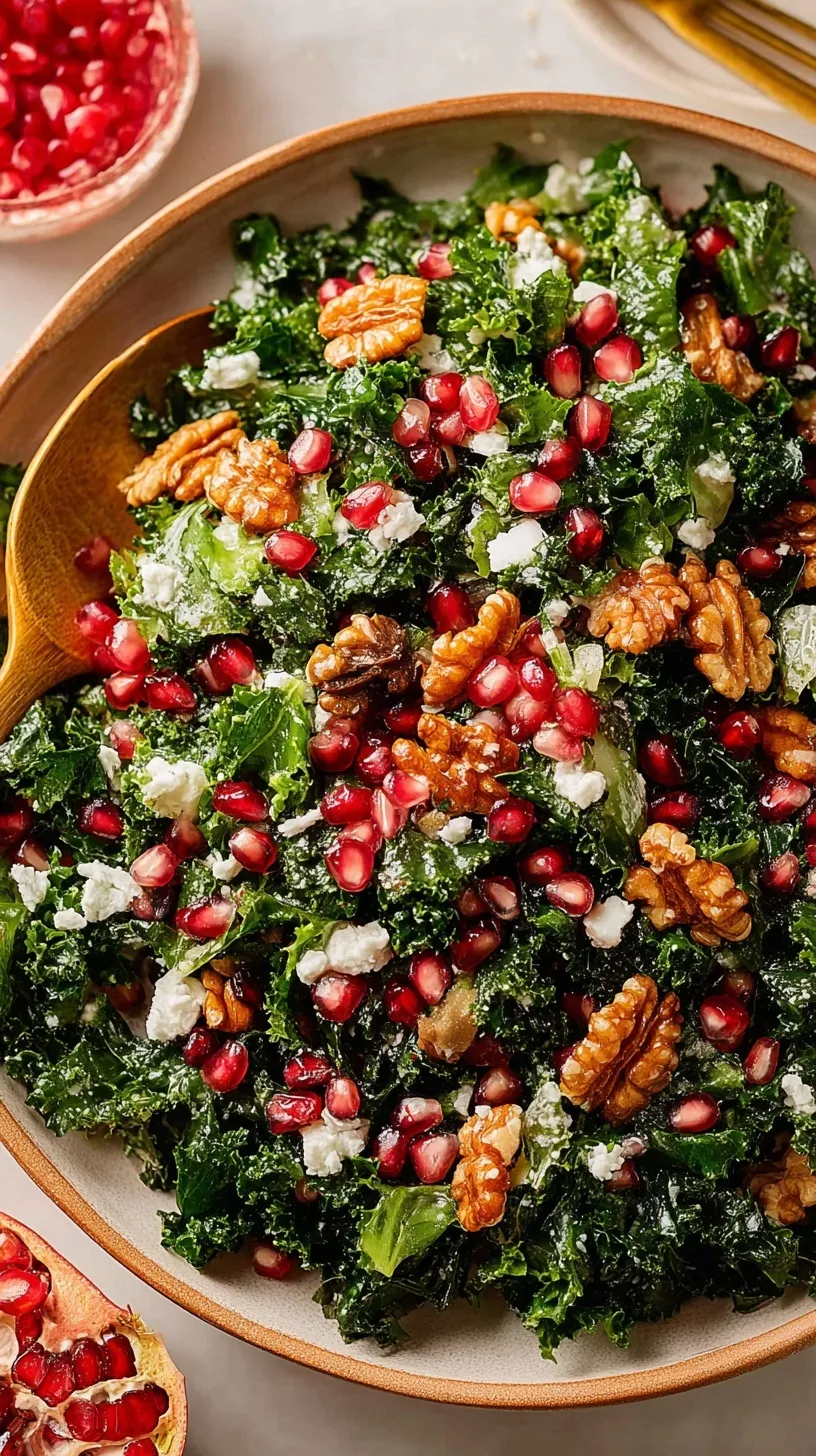A festive Christmas salad with mixed greens, red pomegranate arils, white goat cheese, and green apple slices in a large bowl.