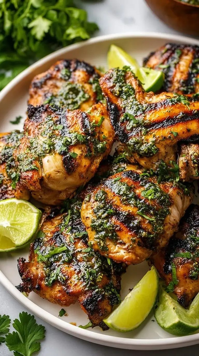 Grilled cilantro lime chicken thighs on a white platter with fresh lime wedges and cilantro garnish