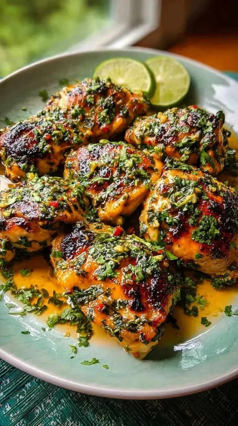 Golden brown cilantro lime chicken thighs in a cast iron skillet garnished with fresh cilantro and lime wedges