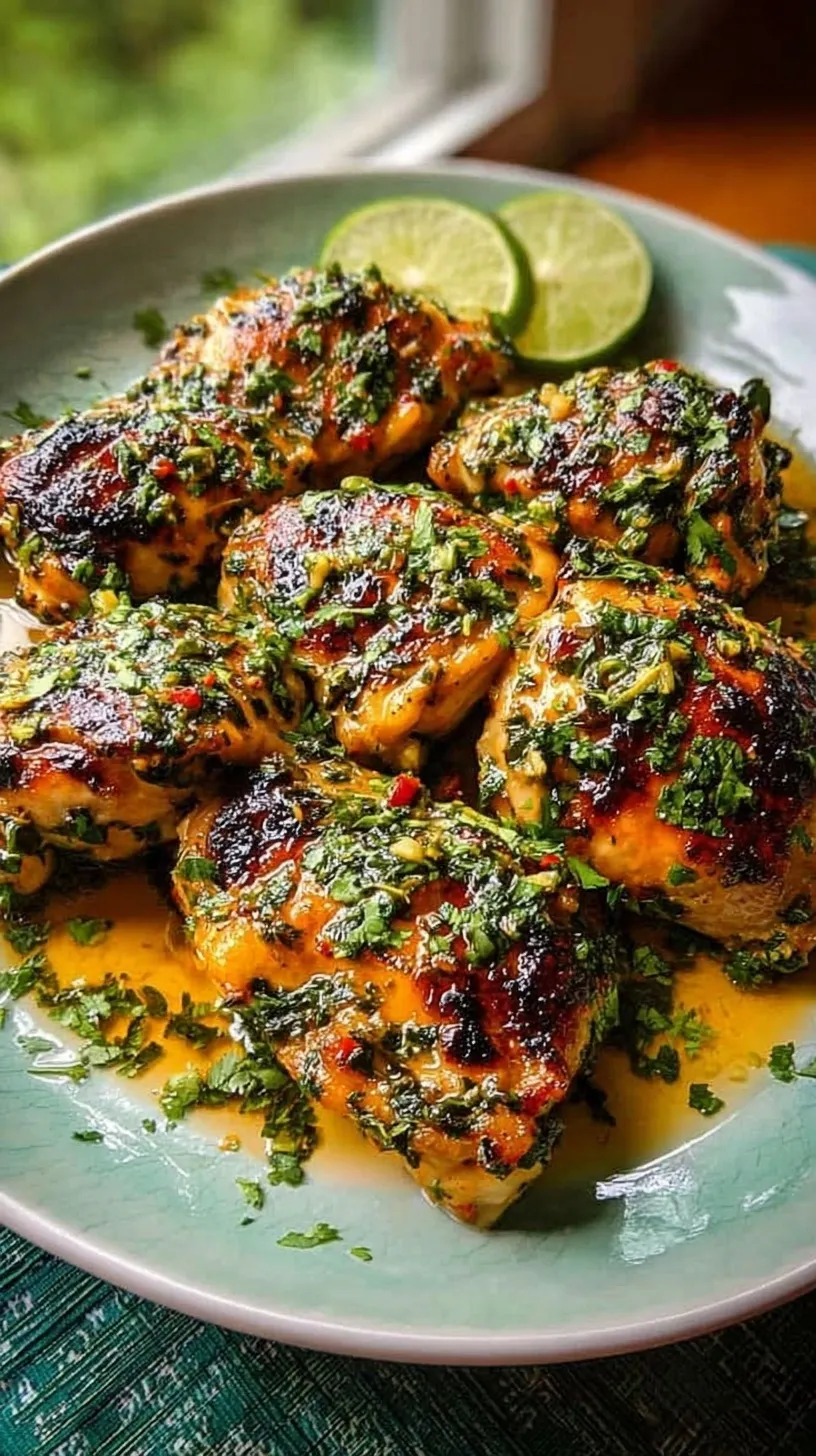 Golden brown cilantro lime chicken thighs in a cast iron skillet garnished with fresh cilantro and lime wedges