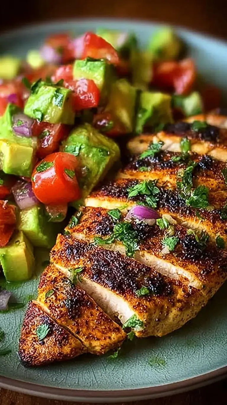 Grilled cilantro lime chicken breast topped with fresh avocado and tomato salsa on a white plate.