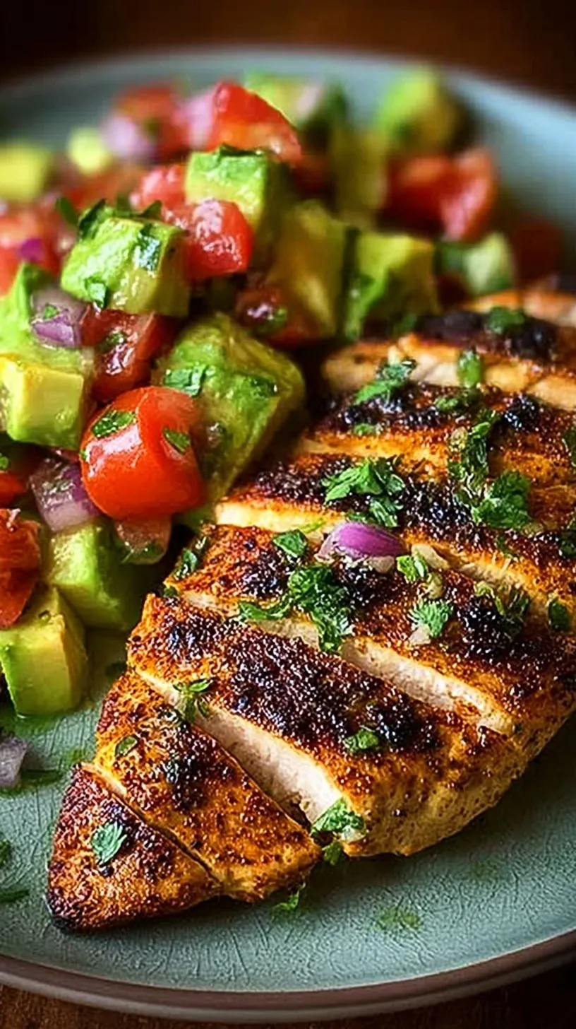 Grilled cilantro lime chicken breast topped with fresh avocado and tomato salsa on a white plate.