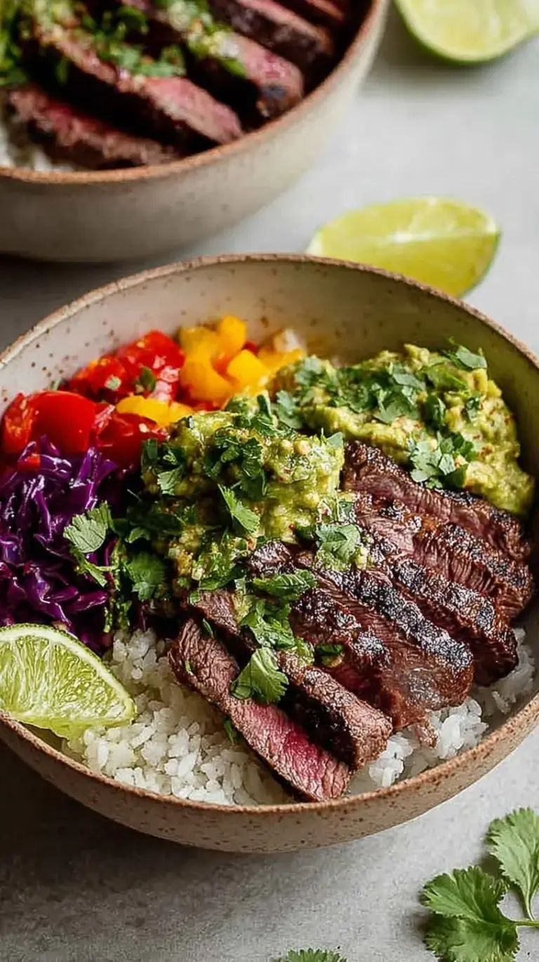 A vibrant cilantro lime steak bowl with sliced avocado, black beans, corn, and cherry tomatoes over rice.