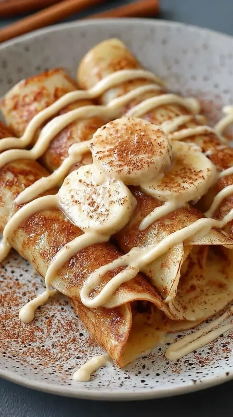 Thin cinnamon protein crepes rolled with creamy filling and topped with a sweet glaze on a white plate
