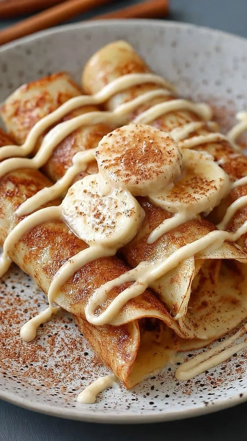 Thin cinnamon protein crepes rolled with creamy filling and topped with a sweet glaze on a white plate