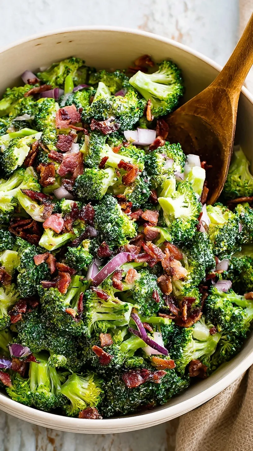 A bowl of fresh broccoli salad with bacon, cranberries, and sunflower seeds in a creamy dressing.