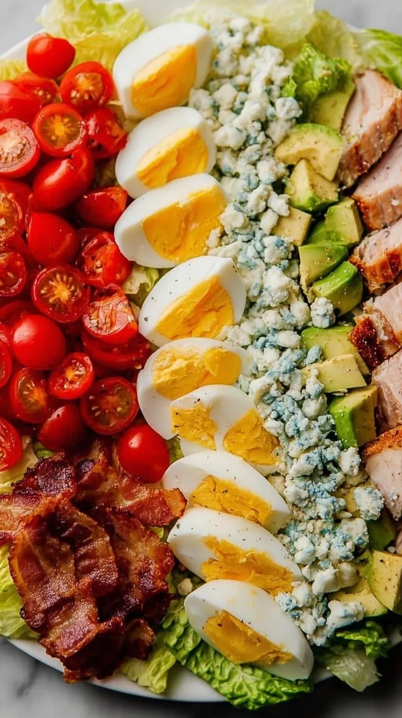 A vibrant classic Cobb salad with rows of chicken, bacon, eggs, and avocado on a platter.