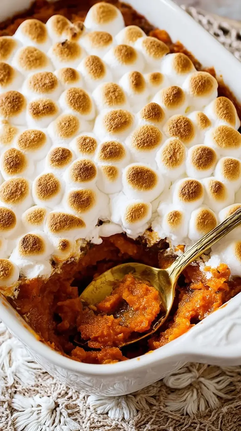 A golden brown sweet potato casserole with a crunchy pecan crumble topping in a white baking dish.