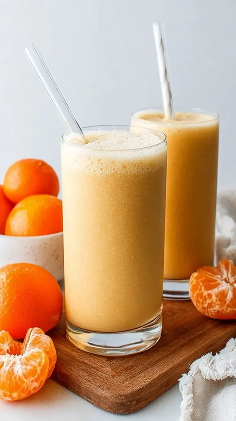 A bright orange creamy clementine smoothie in a tall glass with a straw
