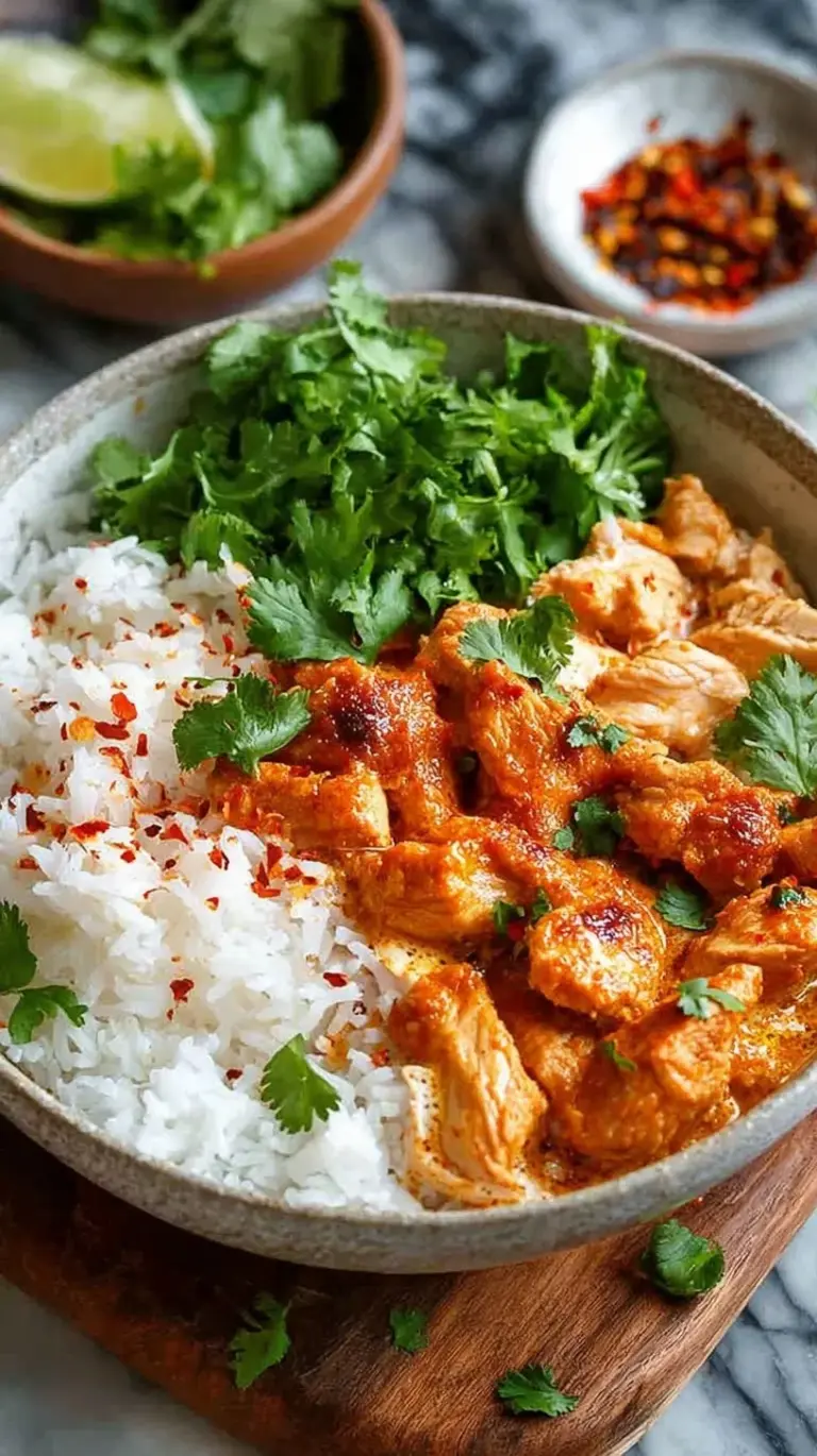 A vibrant coconut chicken rice bowl topped with fresh cilantro and lime wedges