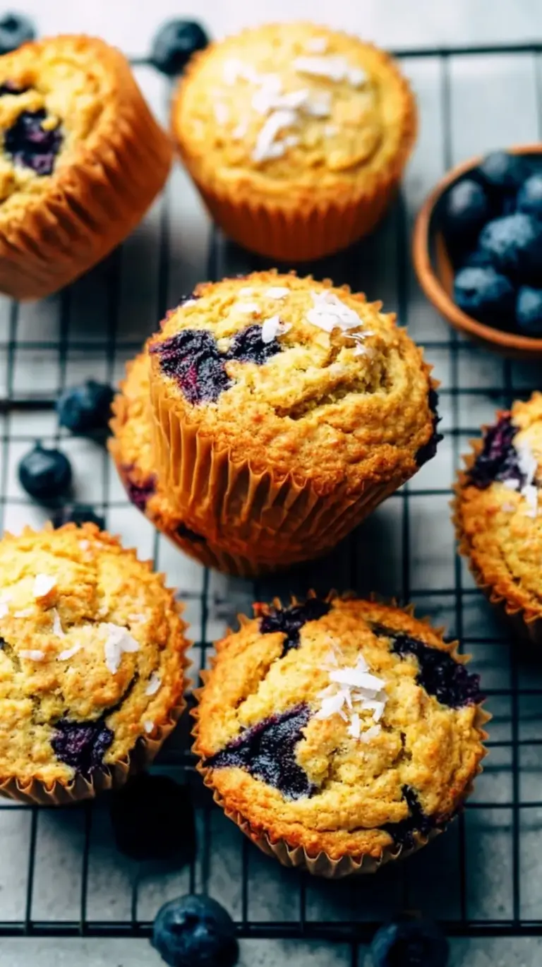 A tray of six golden brown coconut flour muffins in paper liners on a cooling rack.