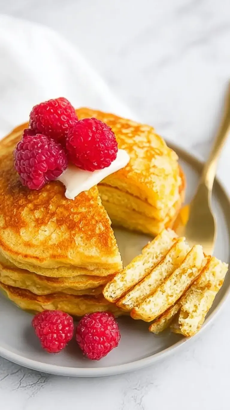 A stack of golden brown coconut flour pancakes topped with fresh berries and maple syrup