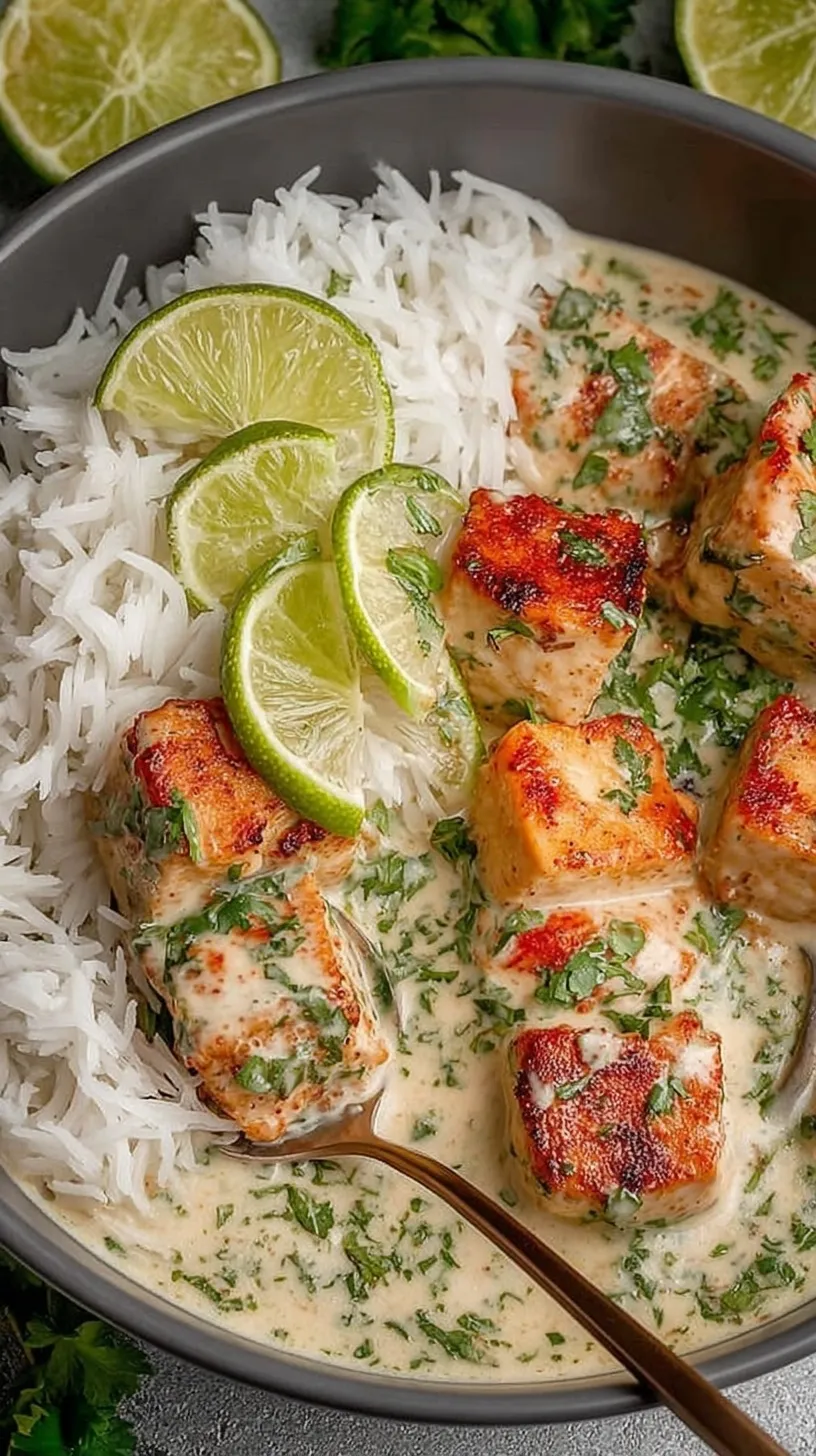 Crispy golden tofu cubes in a creamy white coconut lime sauce garnished with cilantro