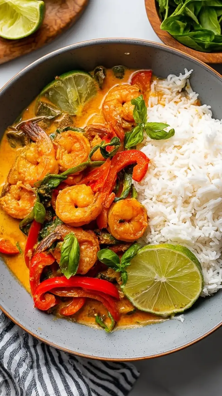 A bowl of creamy coconut shrimp curry with red peppers and fresh cilantro