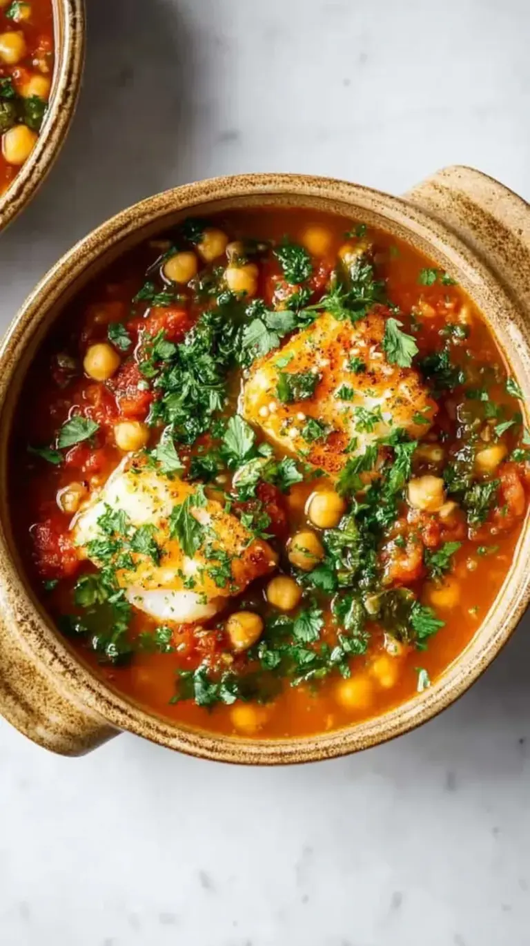 A steaming bowl of cod and chickpea stew with fresh spinach and parsley in a white ceramic bowl.