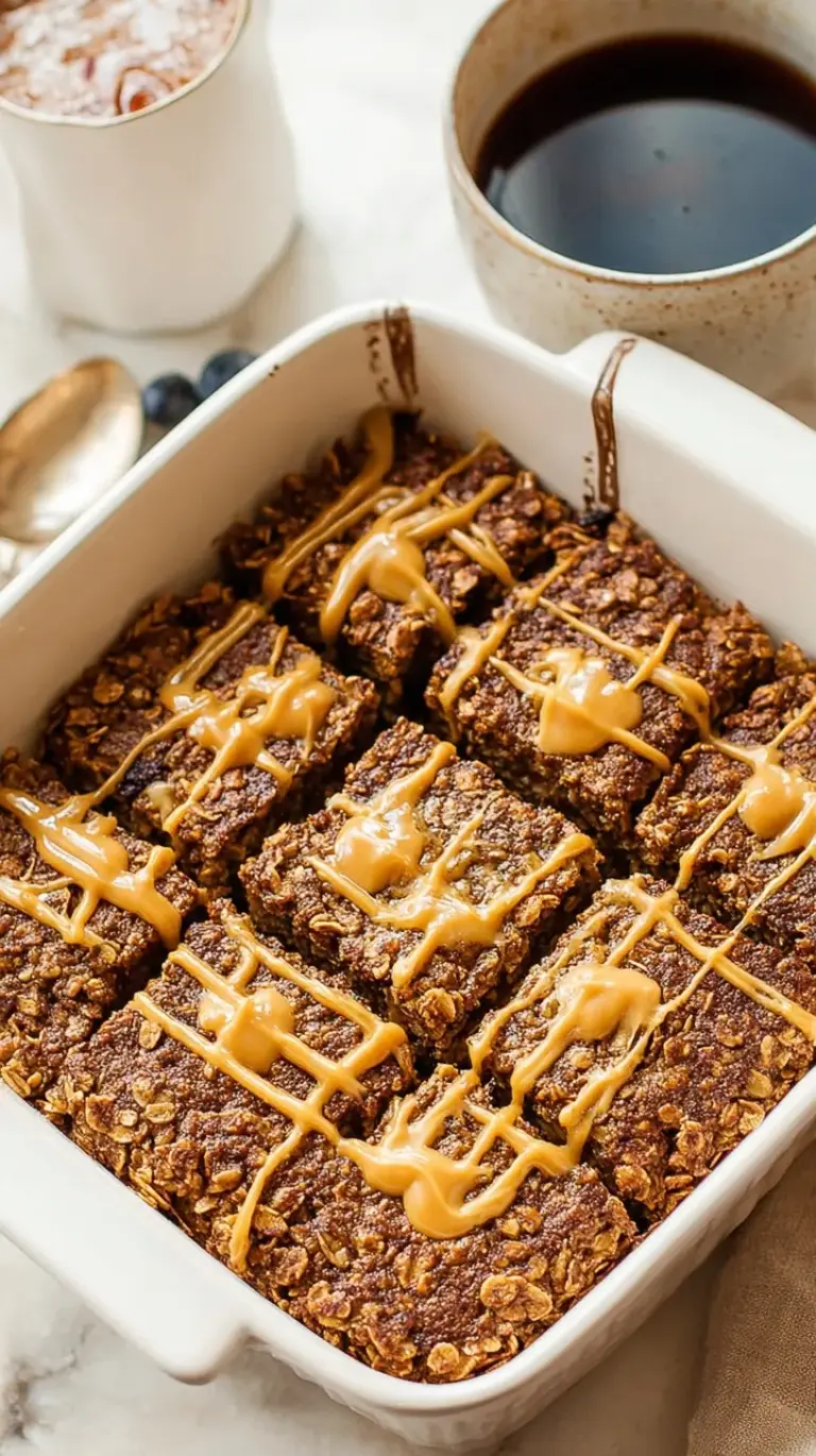 A square slice of coffee baked oatmeal with melted chocolate chips and walnuts on a white plate.