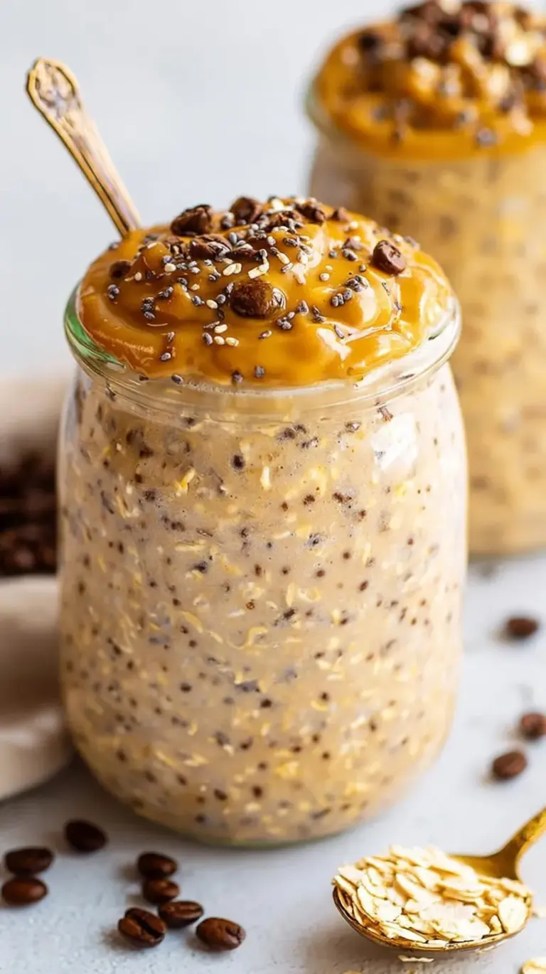 A glass mason jar filled with creamy coffee overnight oats topped with a splash of almond milk.