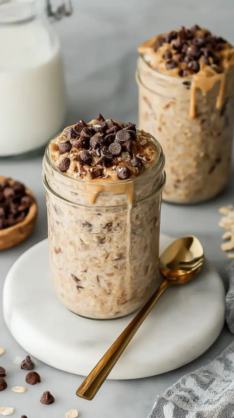 A glass jar filled with creamy cookie dough overnight oats topped with mini chocolate chips and a drizzle of nut butter.