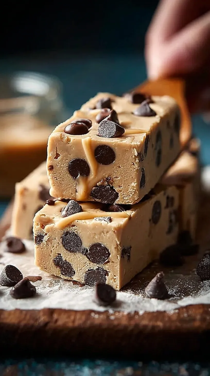 A stack of rectangular cookie dough protein bars with chocolate chips on parchment paper