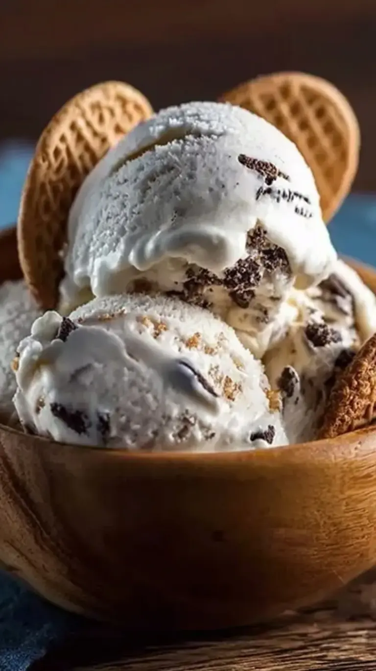A scoop of creamy cookies and cream protein ice cream in a bowl with crushed cookies on top.