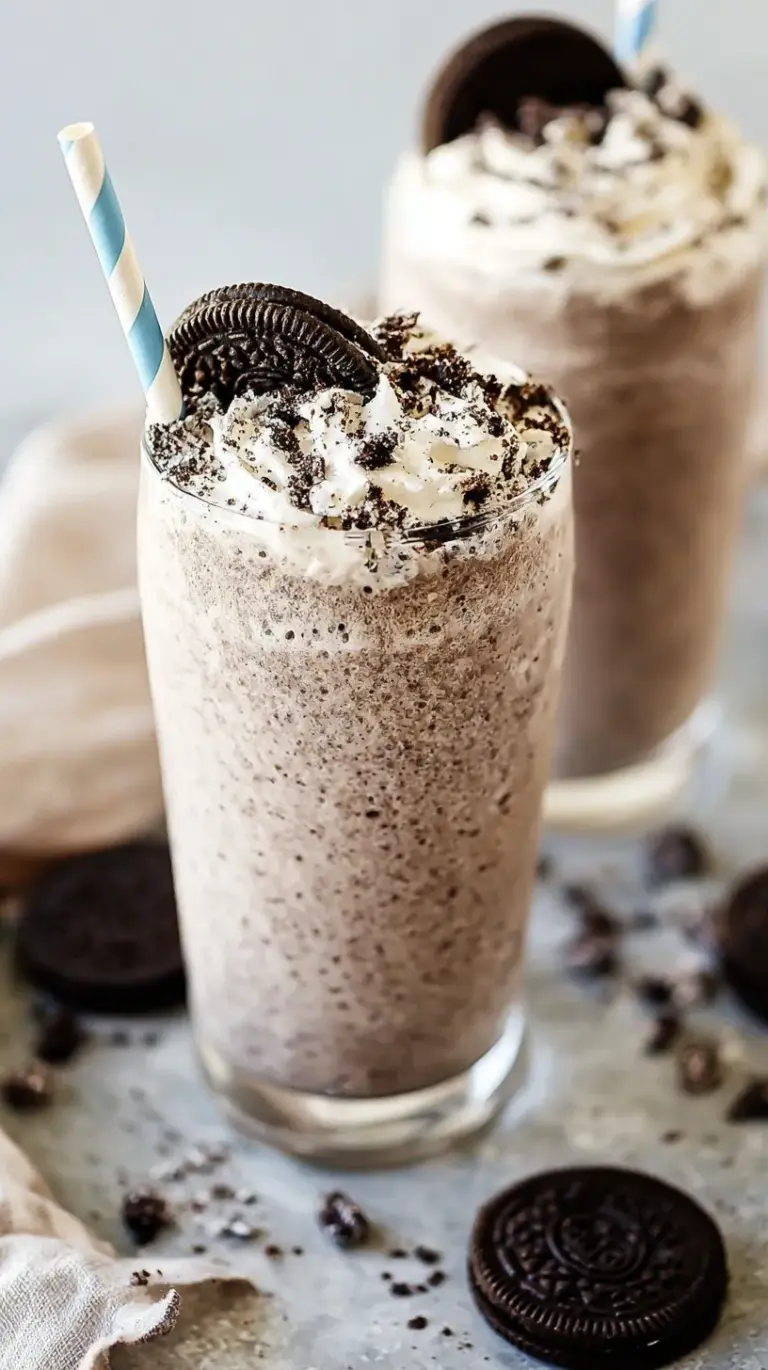 A tall glass filled with a creamy cookies and cream protein shake with cookie bits on top.