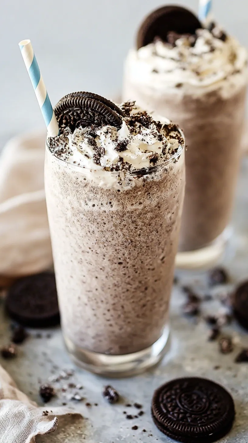 A tall glass filled with a creamy cookies and cream protein shake with cookie bits on top.