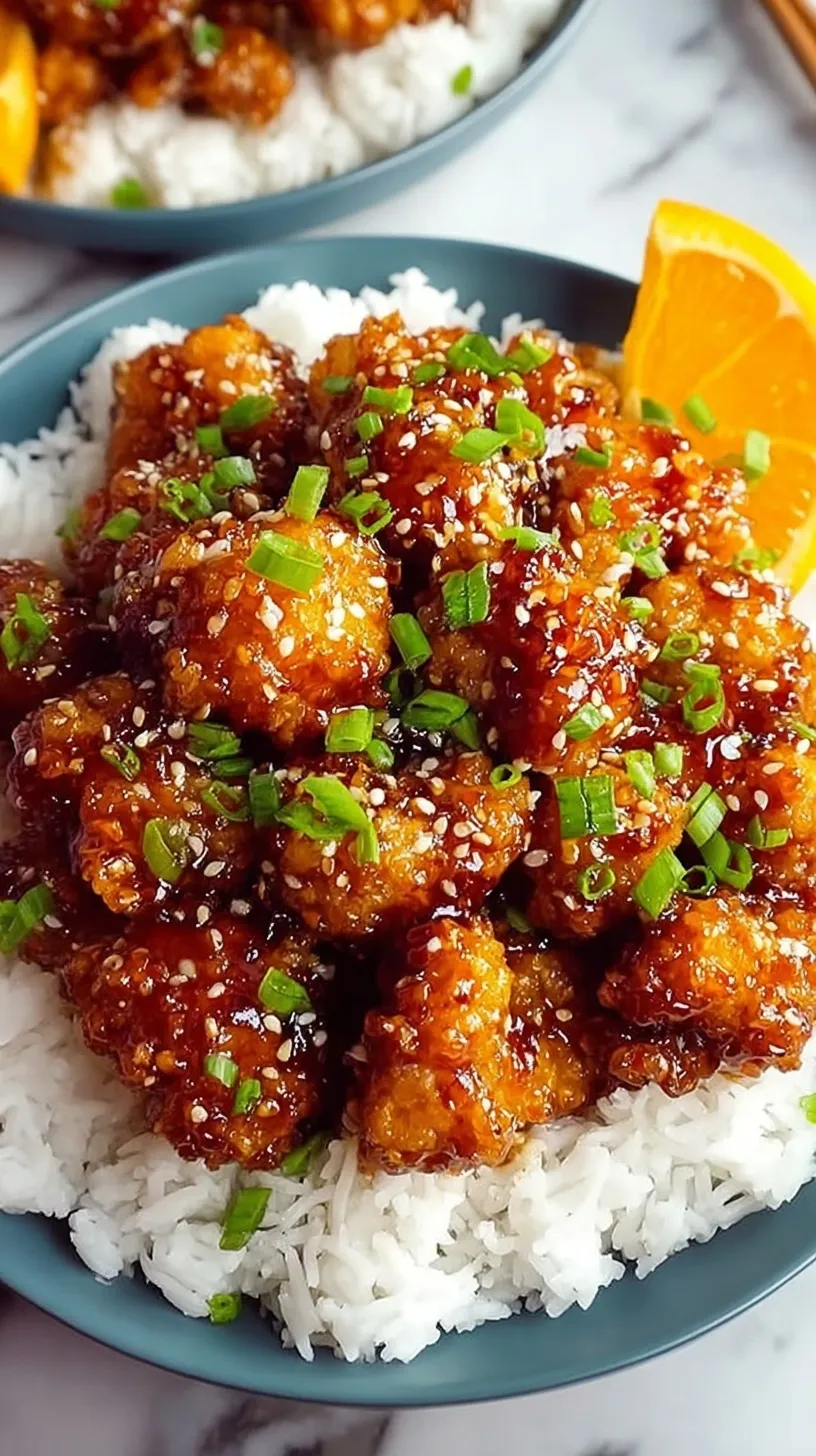 Crispy golden orange chicken glazed in a shiny citrus sauce over white rice