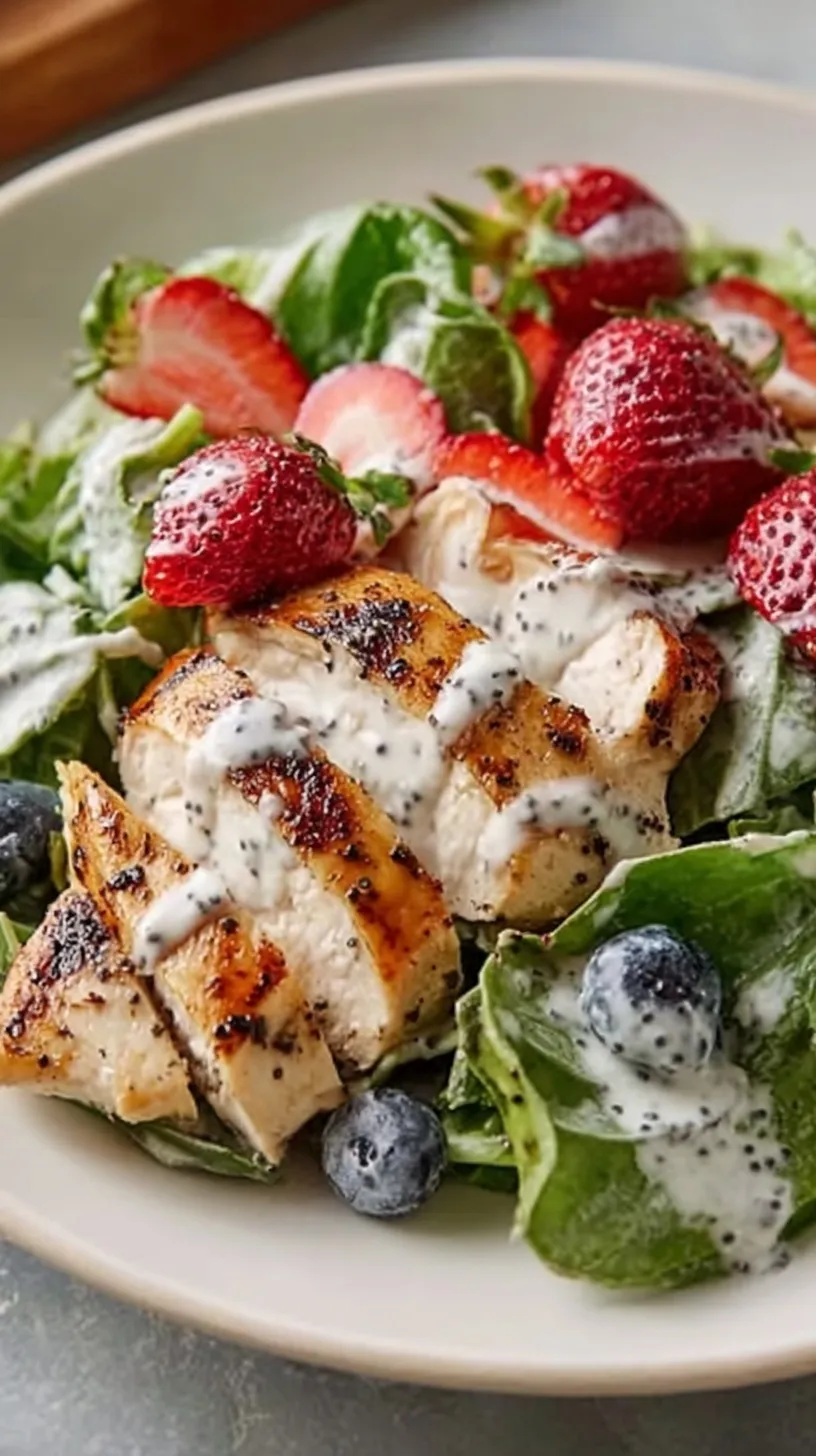 A fresh strawberry poppyseed chicken salad with grilled chicken and berries in a white bowl