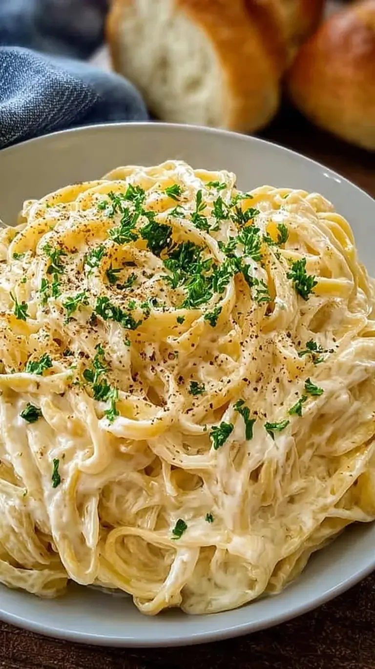 A bowl of creamy fettuccine pasta coated in smooth cottage cheese alfredo sauce with black pepper.