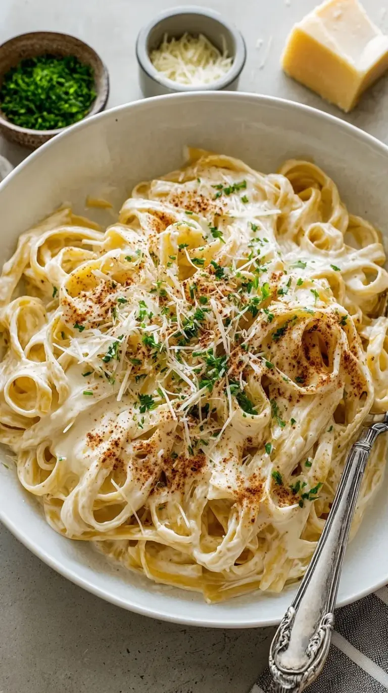 A bowl of pasta coated in creamy cottage cheese alfredo sauce topped with fresh herbs.
