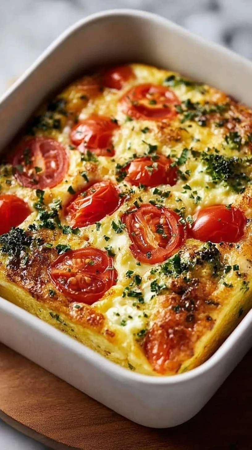 Golden brown cottage cheese and veggie bake in a white dish with fresh spinach and peppers visible.