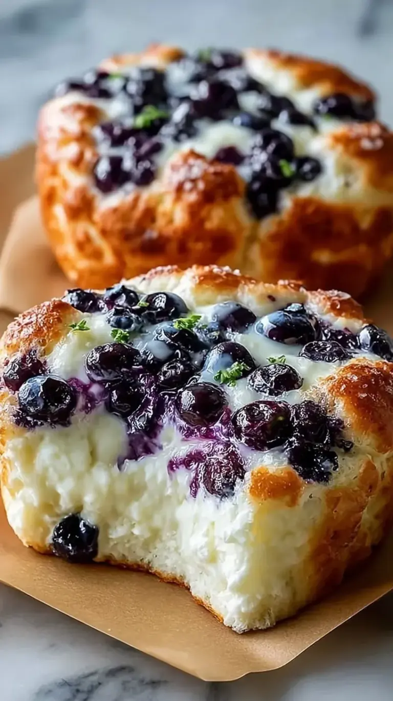 Fluffy golden mounds of blueberry cloud bread on a baking sheet with fresh blueberries