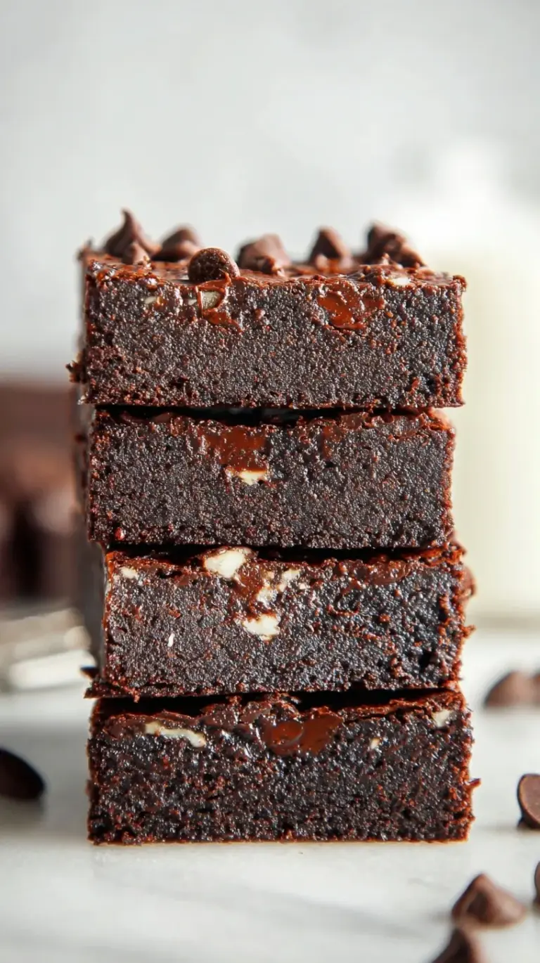 A stack of fudgy chocolate brownies topped with chocolate chips on a white plate.