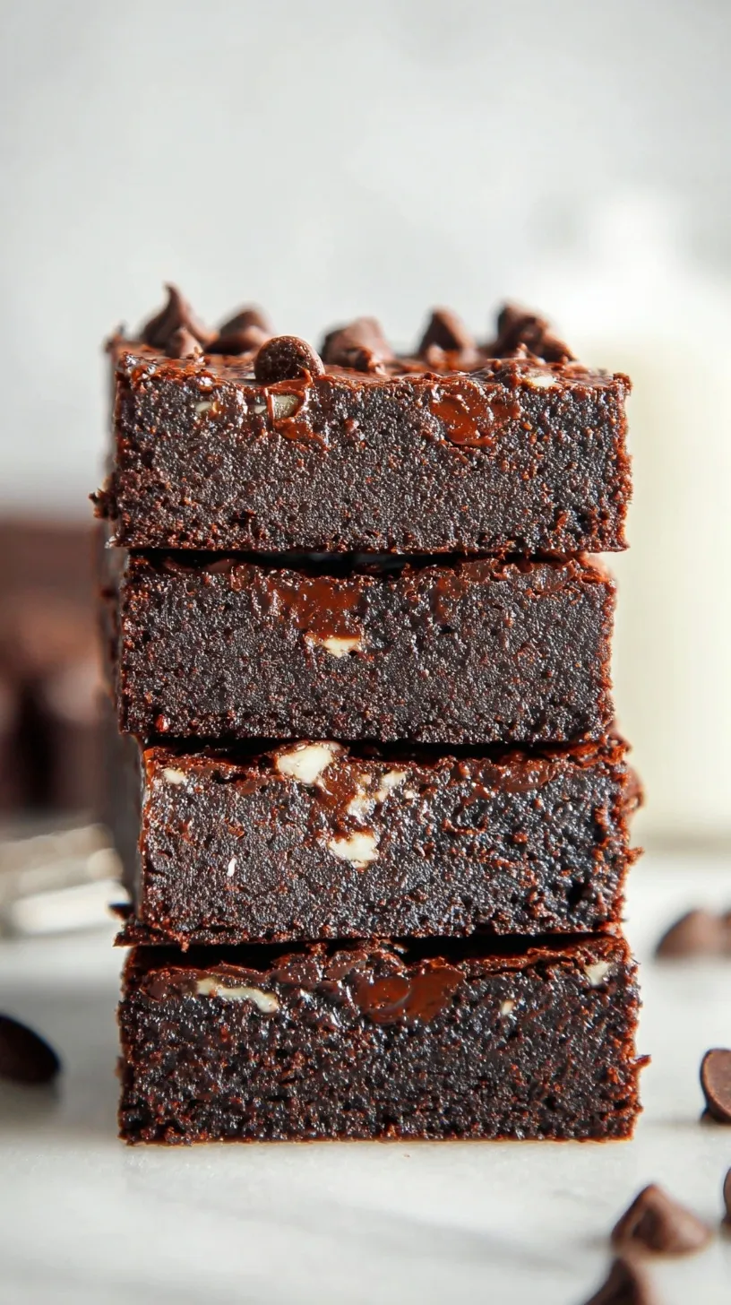 A stack of fudgy chocolate brownies topped with chocolate chips on a white plate.