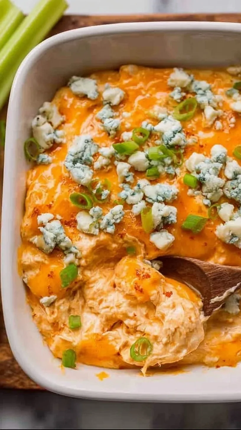 A white baking dish filled with bubbling buffalo chicken dip topped with melted cheese and green onions.