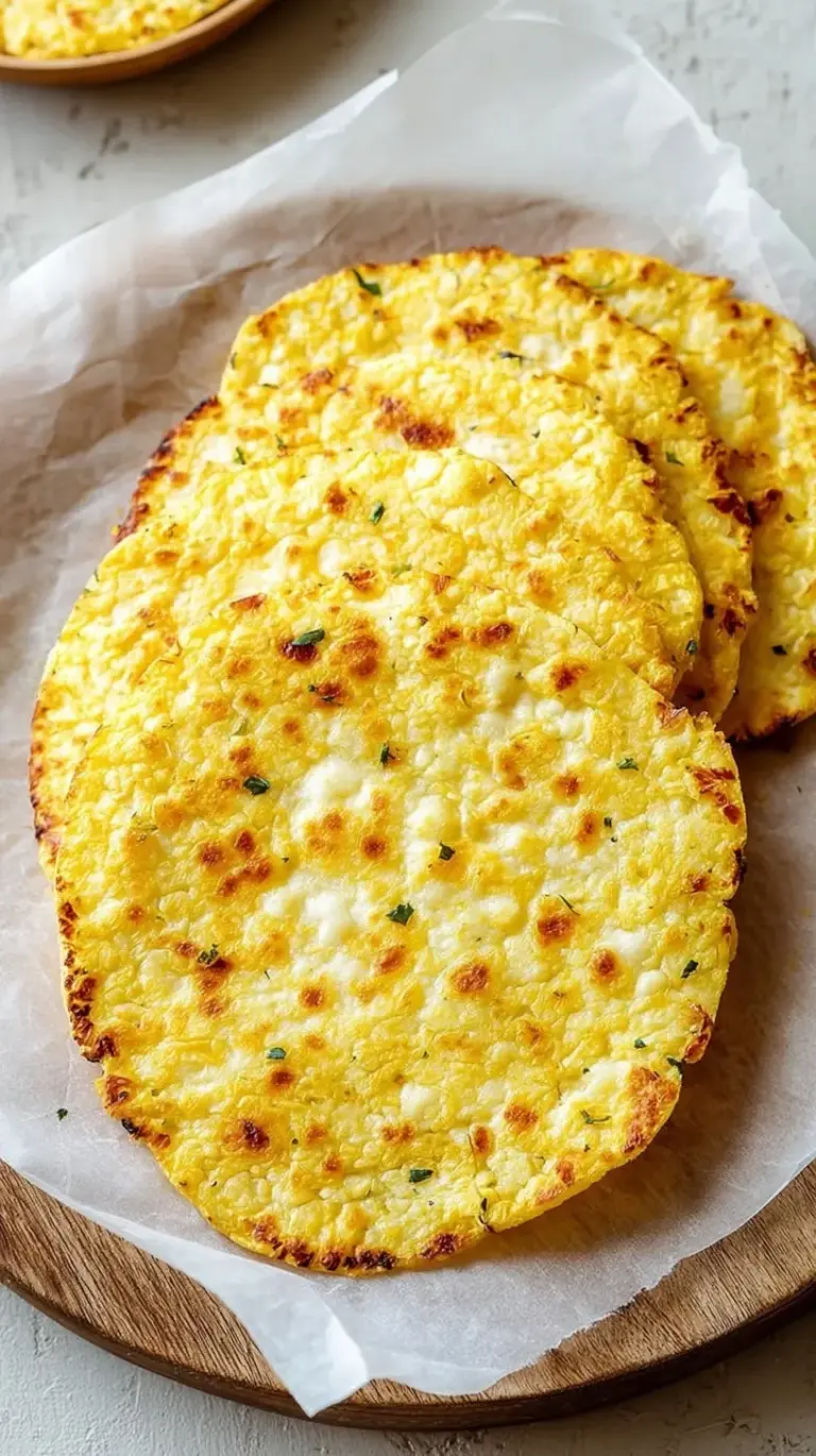 Golden brown cauliflower cottage cheese thins arranged on a baking sheet