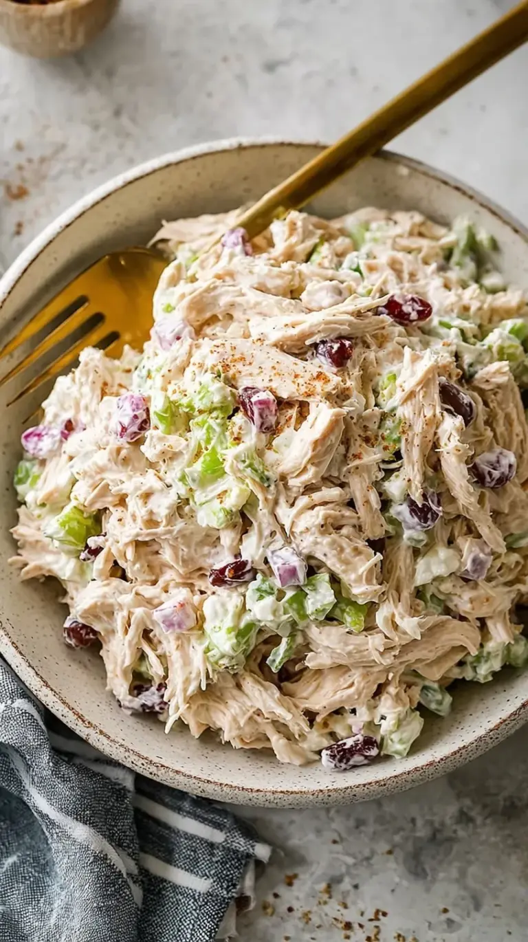A white bowl filled with creamy cottage cheese chicken salad garnished with fresh chives and celery.