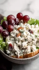 A creamy cottage cheese chicken salad sandwich with grapes and almonds.