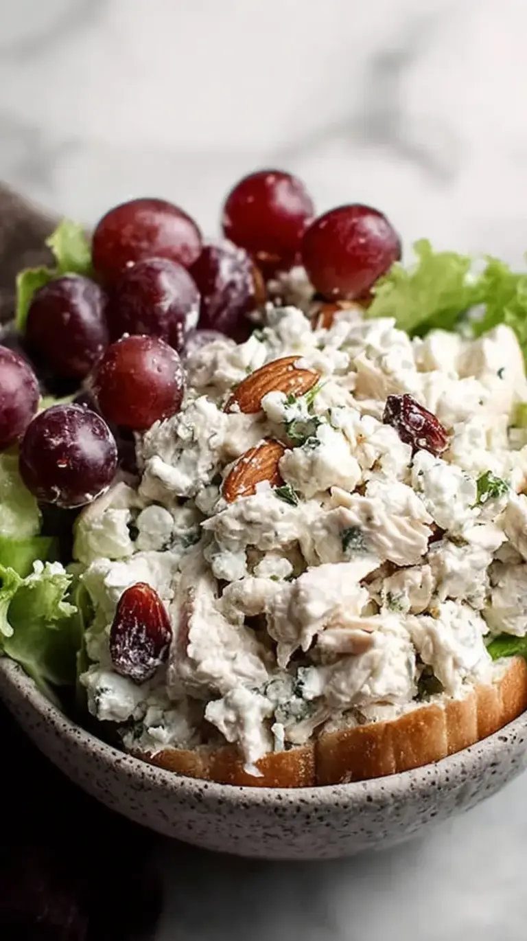 A creamy cottage cheese chicken salad sandwich with grapes and almonds.