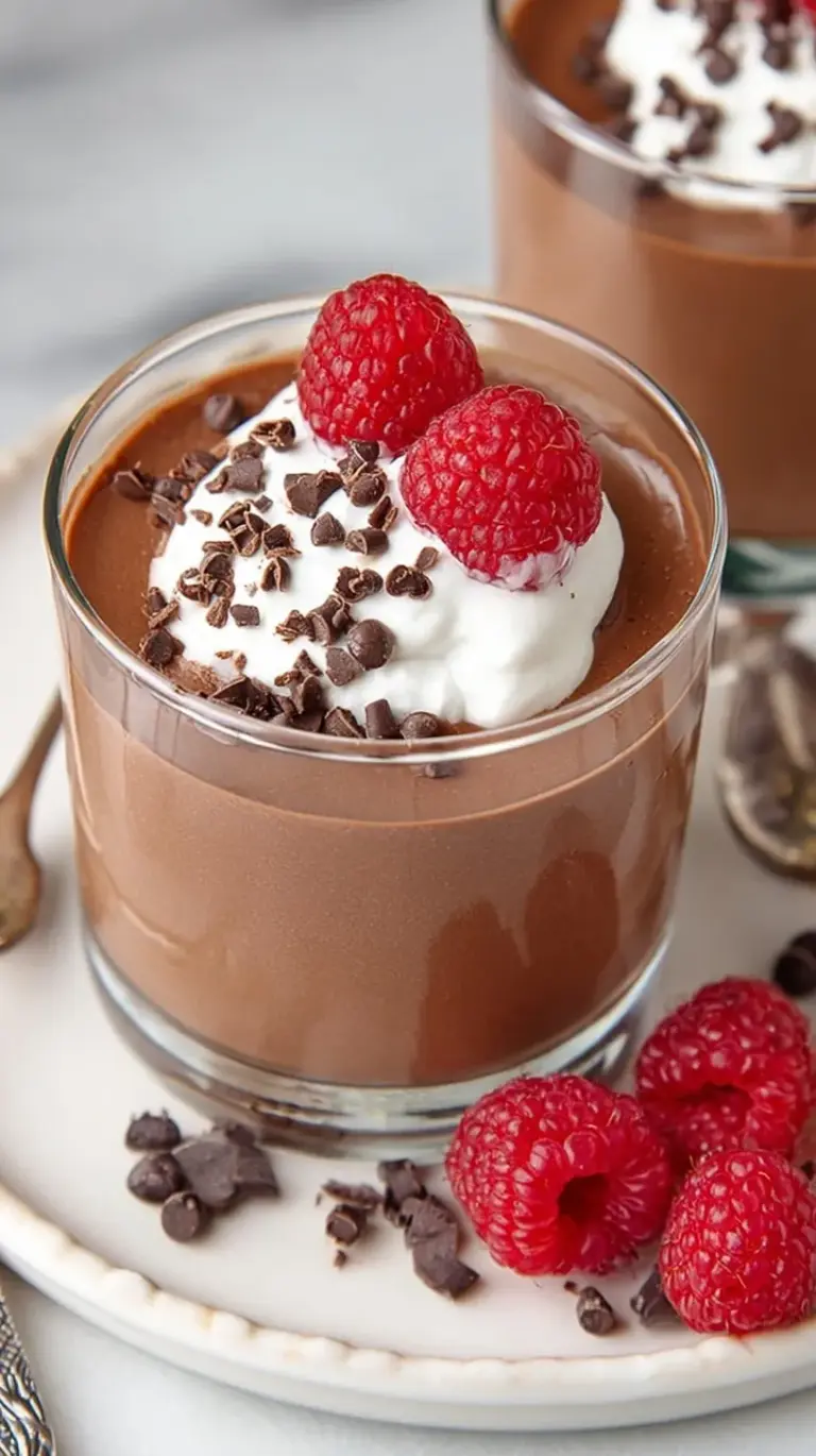 A smooth and creamy chocolate mousse in a glass bowl topped with fresh raspberries.