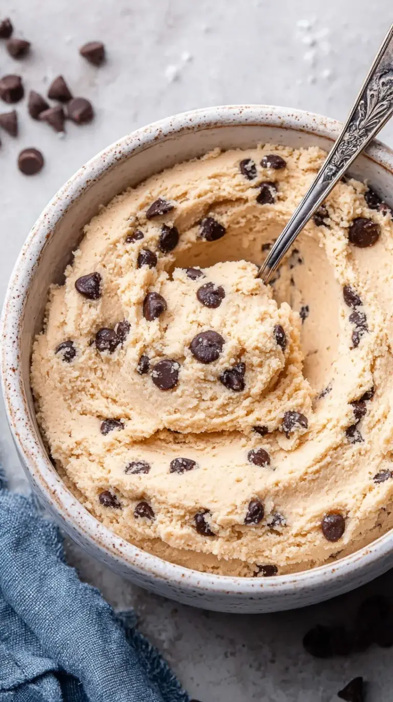 A bowl of creamy edible cookie dough with mini chocolate chips and a spoon.