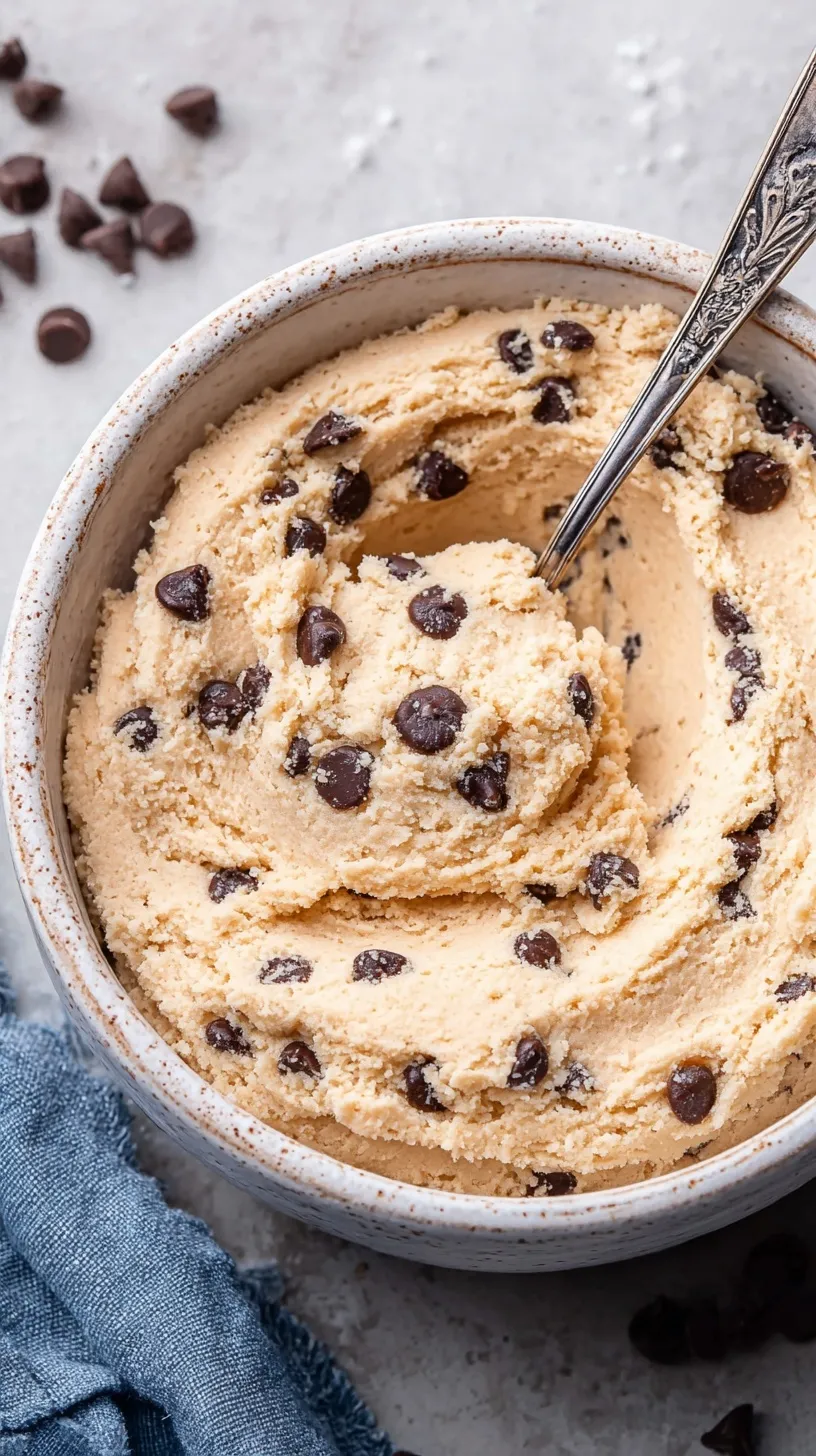 A bowl of creamy edible cookie dough with mini chocolate chips and a spoon.