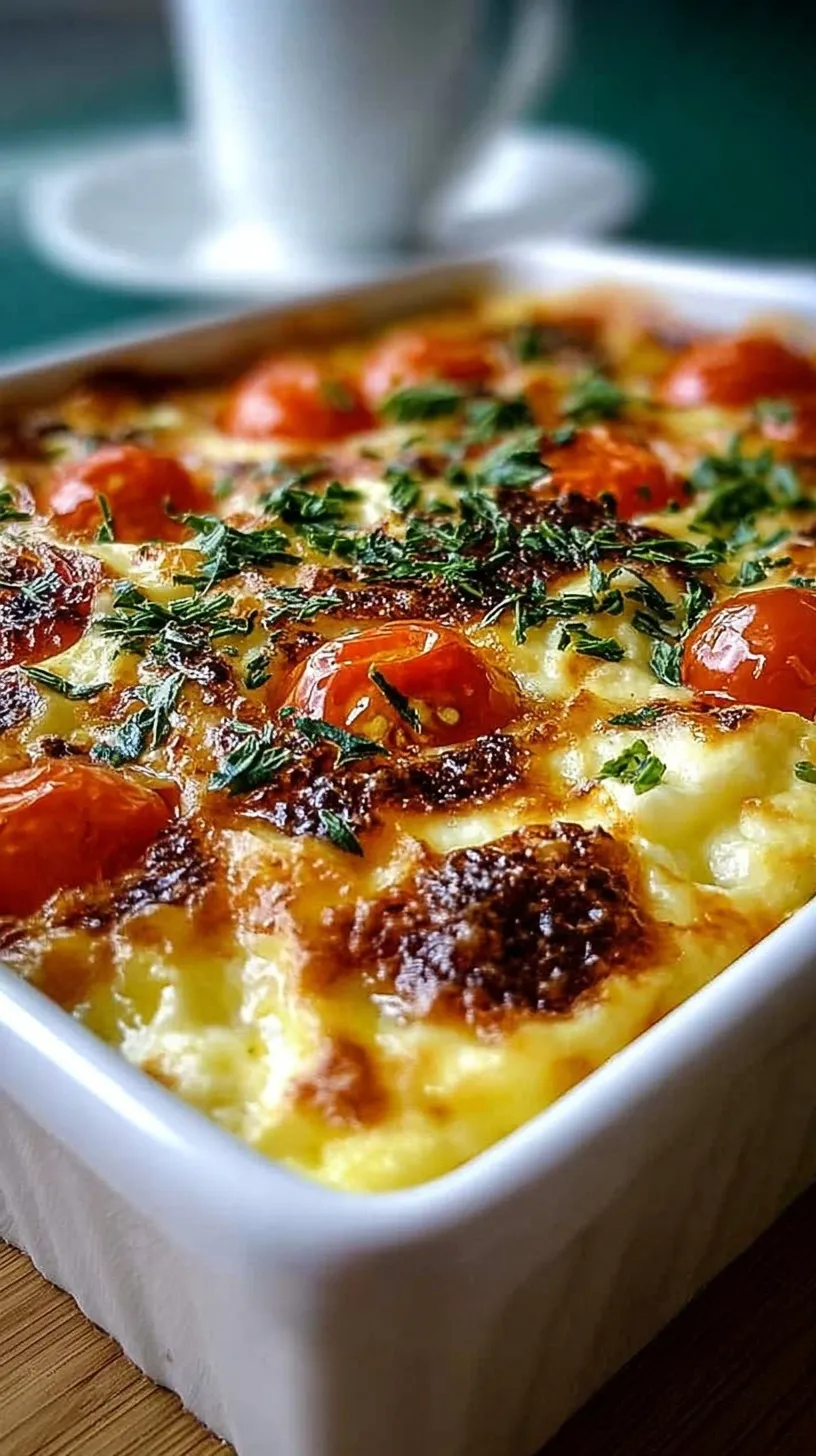 A golden-brown cottage cheese egg bake sliced in a ceramic dish with fresh chives on top.