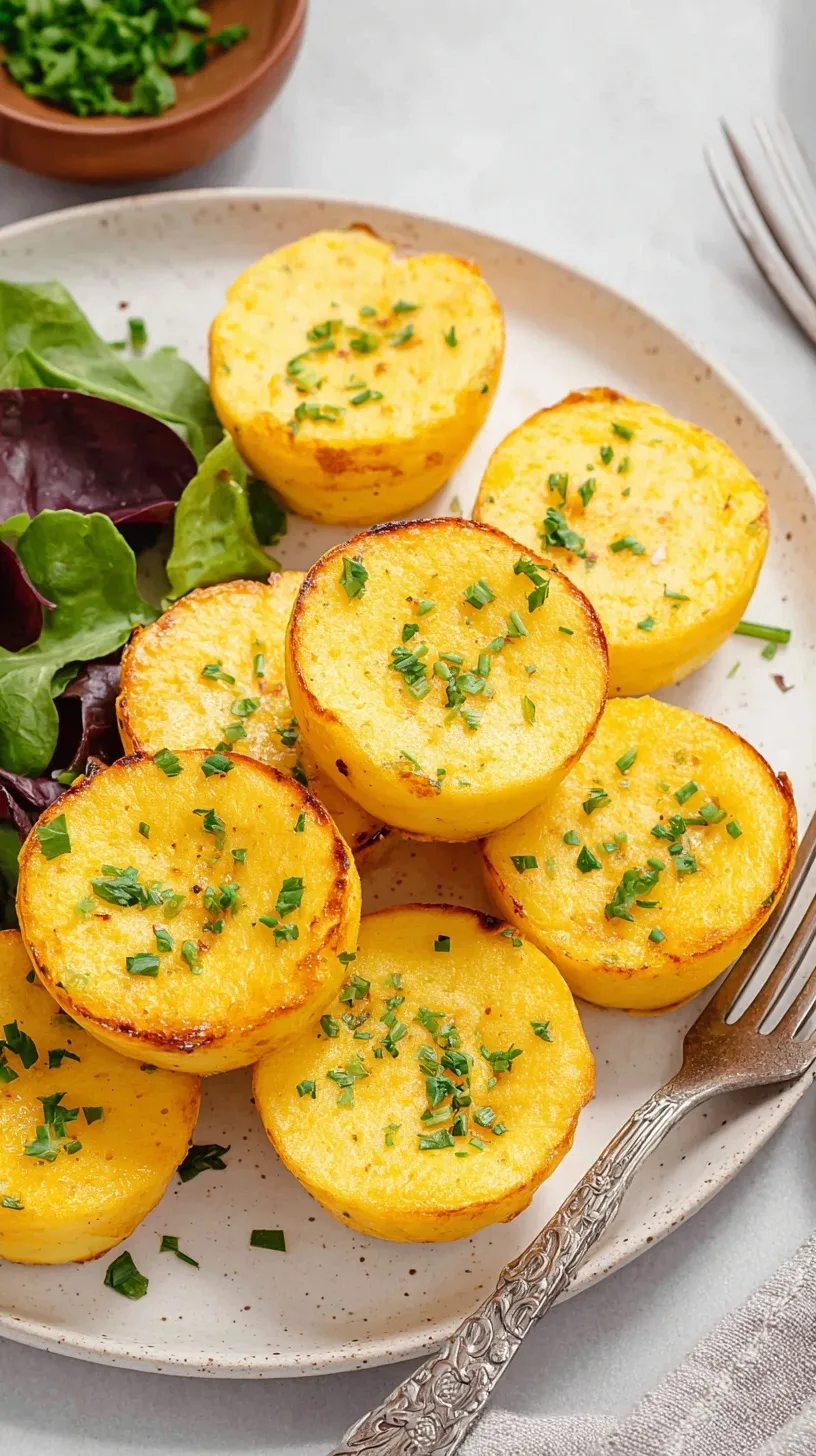 Six golden cottage cheese egg bites in a silicone muffin pan on a wooden counter.